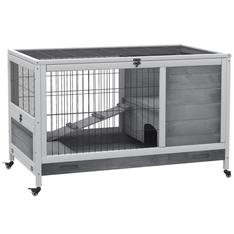 Image of CONIGLIERA IN LEGNO CON 4 RUOTE CASETTA PER CONIGLI E RAMPA 90X53X59 MCM GRIGIO