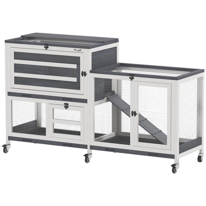 Image of CONIGLIERA A 2 LIVELLI CON RAMPA E 3 VASSOI IN LEGNO DI ABETE E ACCIAIO 147X45X89.5 CM GRIGIO E BIANCO