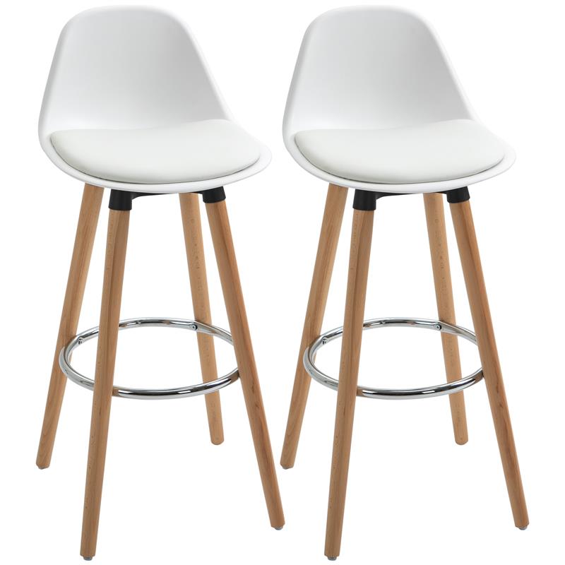 SET 2 SGABELLI DA BAR STILE NORDICO CON SCHIENALE CUSCINO E POGGIAPIEDI LEGNO E PLASTICA BIANCO