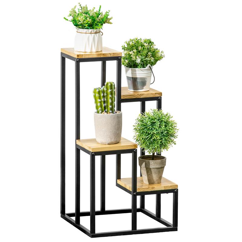 Image of SCAFFALE PER PIANTE A 4 LIVELLI IN METALLO E LEGNO PER INTERNI ED ESTERNI 34X34X66 CM