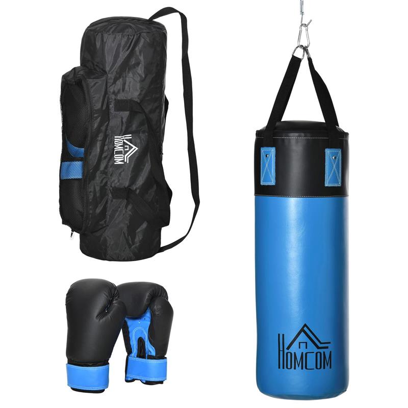 Image of SET SACCO DA BOXE DA APPENDERE CON GUANTONI SACCO PER PUGILATO A 3 STRATI CON BORSA DI TRASPORTO BLU