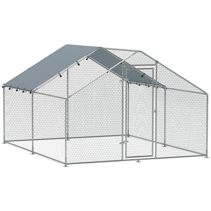 RECINTO PER GALLINE DA 10.2M PER 10-15 GALLINE CON TETTO IMPERMEABILE IN ACCIAIO E TESSUTO 3X3.4X1.9 M ARGENTO