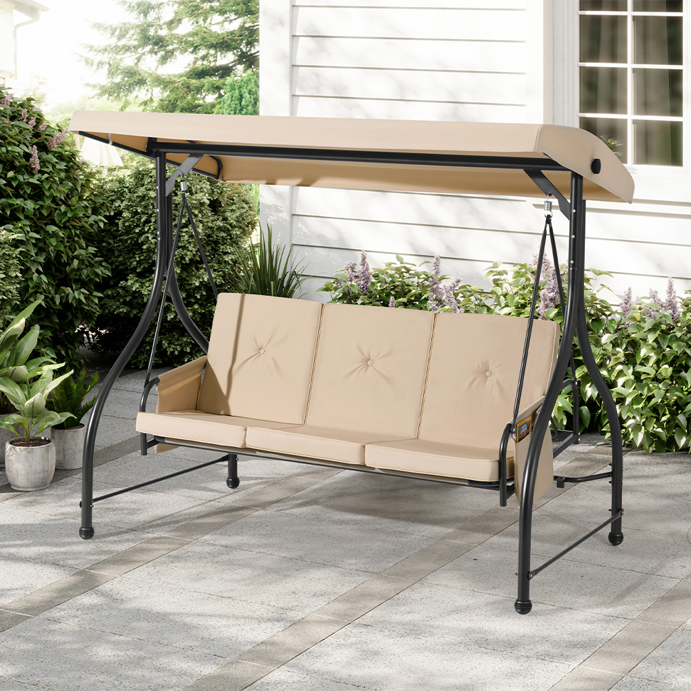 Image of Dondolo Letto Altalena XL a 3 Posti Beige Tetto Parasole Regolabile da Giardino