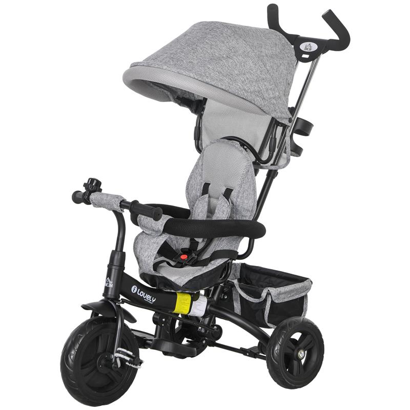 Image of TRICICLO PER BAMBINI CON MANIGLIONE 6 IN 1 TETTUCCIO REGOLABILE E CINTURA DI SICUREZZA ETÀ 1-5 ANNI GRIGIO