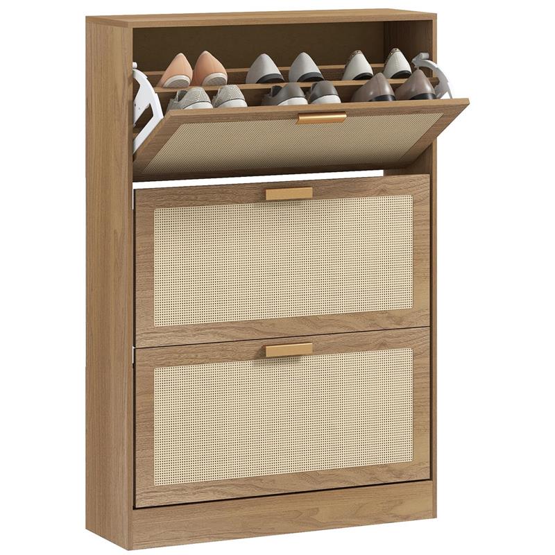 MOBILE SCARPIERA PER 18 PAIA DI SCARPE CON 3 CASSETTI RIBALTABILI IN LEGNO E RATTAN 80X25X120 CM MARRONE
