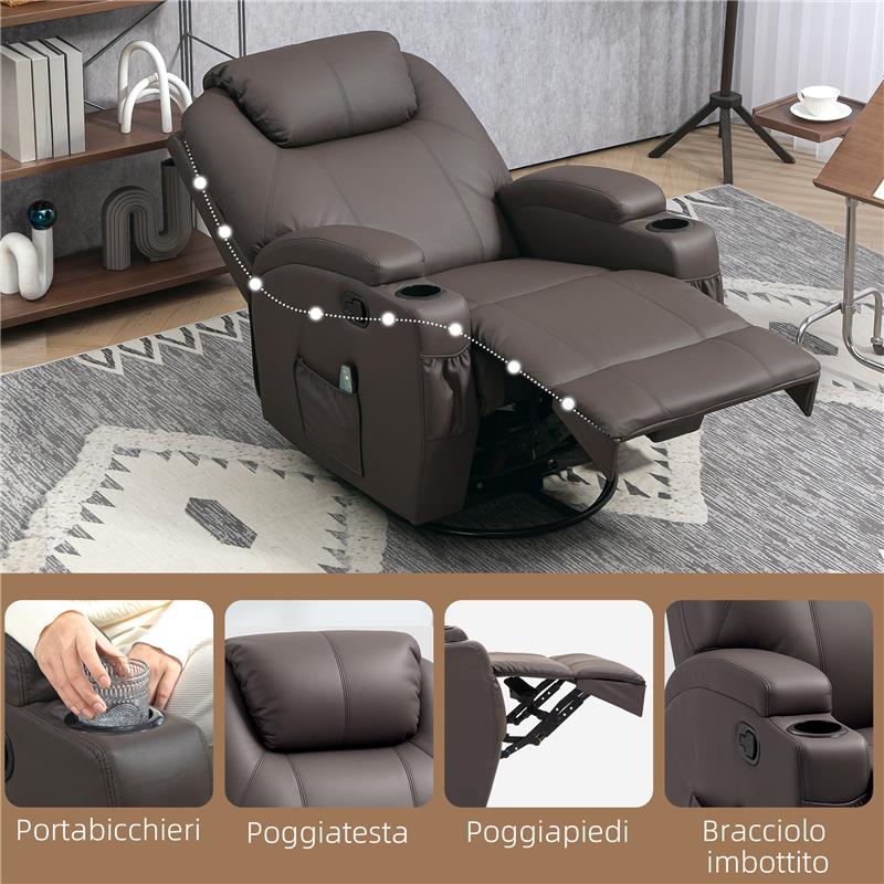 POLTRONA MASSAGGIANTE RECLINABILE CON 8 PUNTI MASSAGGIO E 5 MODALITÀ 84X92X109 CM MARRONE SCURO