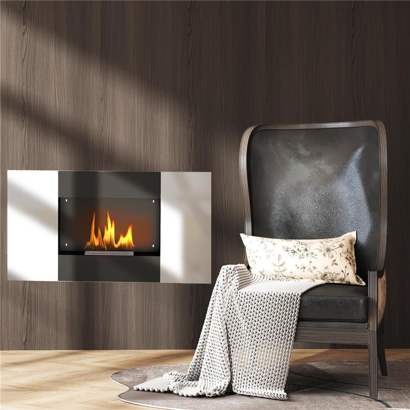 Image of CAMINO A BIOETANOLO 0.9L DA PARETE CON PANNELLO PROTETTIVO IN ACCIAIO INOX E VETRO 100X15X54 CM NERO E ARGENTO