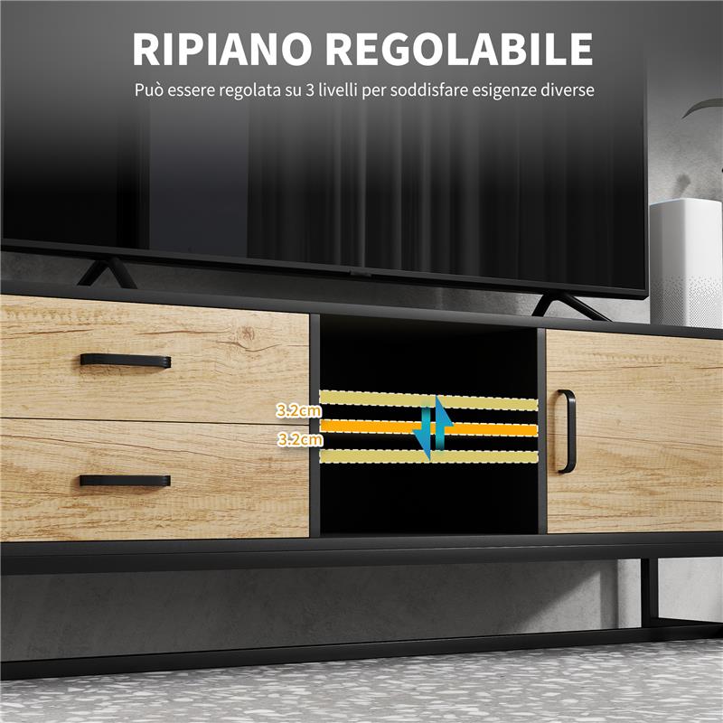 MOBILE PORTA TV 60" CON ARMADIETTO 2 CASSETTI E RIPIANI APERTI 140X35X45 CM LEGNO NATURALE