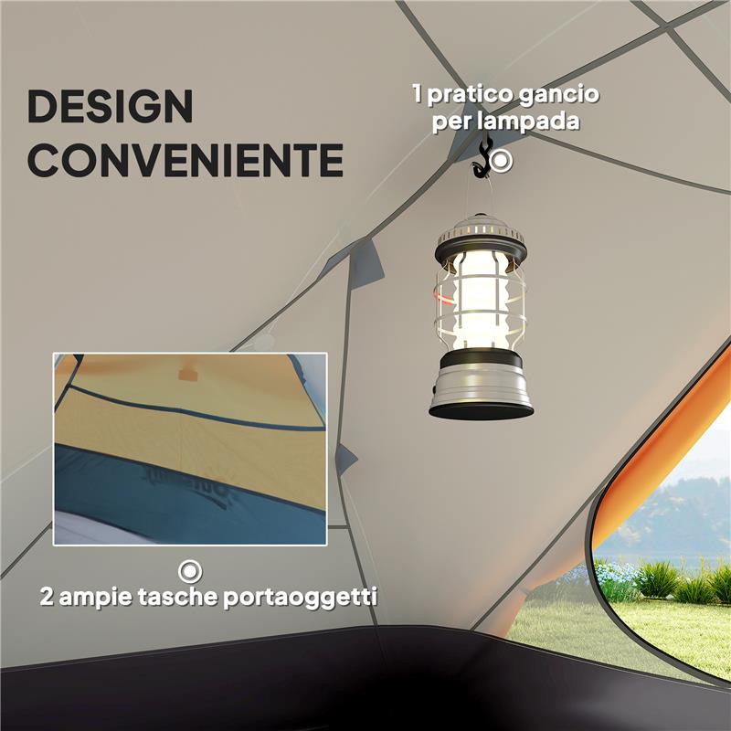 Image of TENDA DA CAMPEGGIO 2 POSTI CON 2 VESTIBOLI 2 PORTE 2 FINESTRE E BORSA DI TRASPORTO 2.8X2.25X1.1 CM ARANCIONE
