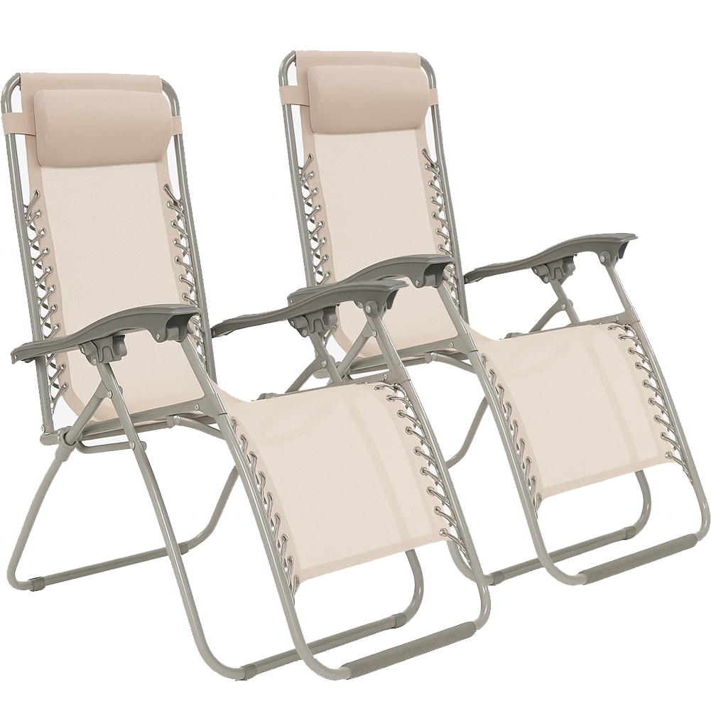 Set 2 Sedie Sdraio Gravità Zero Beige in Textilene con Cuscino Struttura Acciaio
