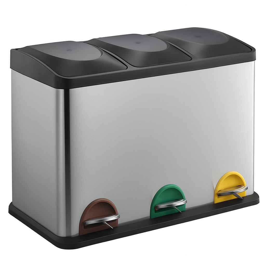 Pattumiera Raccolta Differenziata Acciaio 45LT 3 Scomparti con Pedale Silver Nero