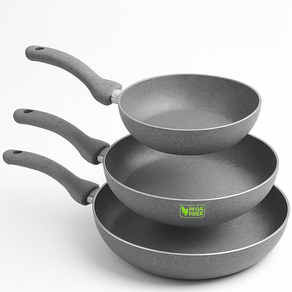Image of Set 3 Padelle Antiaderenti Effetto Pietra Gas Manici Soft Touch Made in Italy