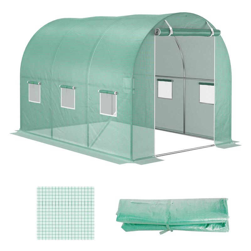 Image of TELO PER SERRA IN PE CON 6 FINESTRE, PORTA AVVOLGIBILE E BORDI INTERRATI, 3X2X2 M, VERDE