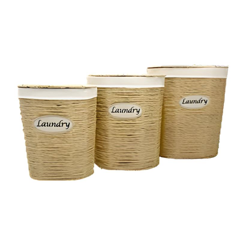 SET DI 4 CESTE PORTA BIANCHERIA OVALI IN VIMINI CON SCRITTA SUL DAVANTI LAUNDRY MISURE: 42X31X28CM, 37X26X26CM, 31X21X22CM
