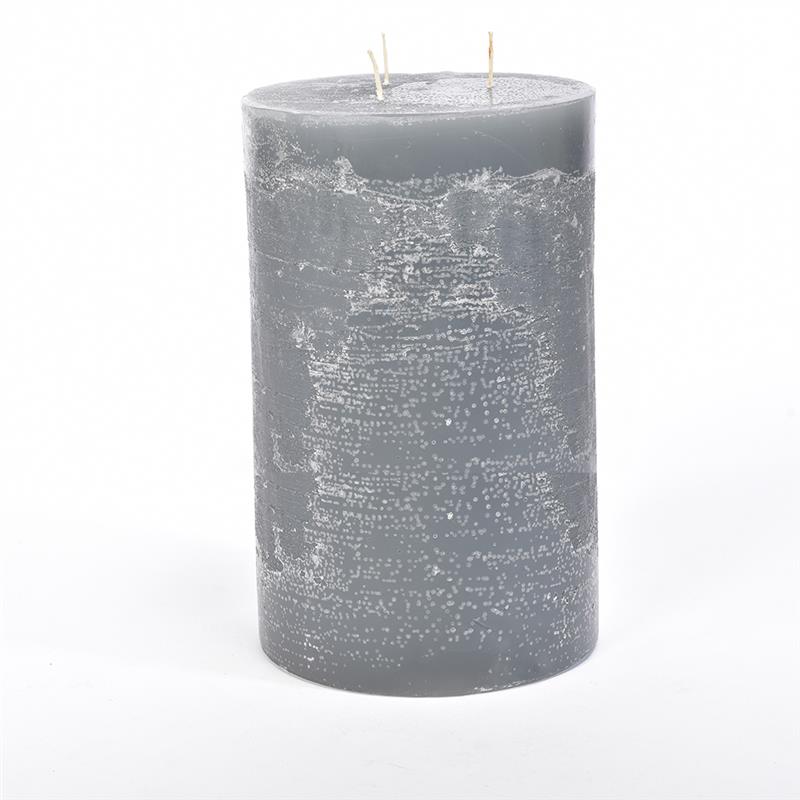 CANDELA PILLAR RUSTIC PROFUMATA COLORE GRIGIA CON 3 FIAMME DIMENSIONI H CM 30 X D CM 15