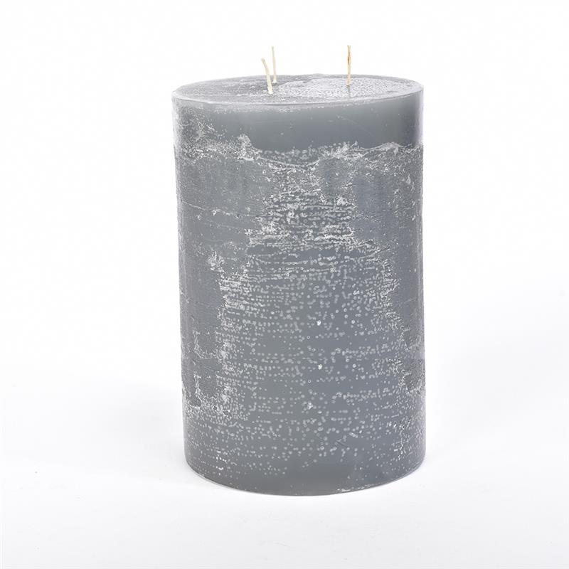 CANDELA PILLAR RUSTIC PROFUMATA COLORE GRIGIA CON 3 FIAMME DIMENSIONI H CM 25 X D CM 15