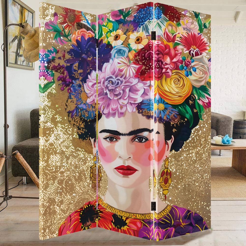Paravento Separé 3 Pannelli Struttura Legno Divisorio con Frida Kahlo 180x120cm