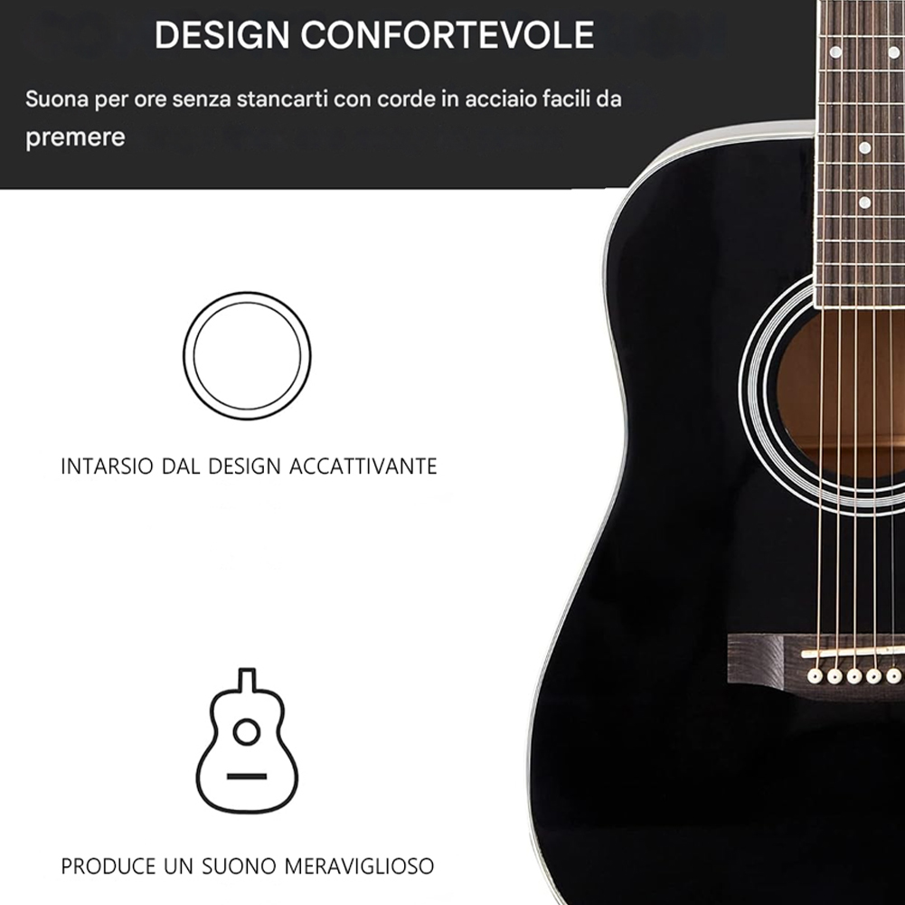 Bakaji Chitarra Elettro-Acustica 41 Pollici Con Custodia, Kit Ricambio Corde, Plettri, Cavo Per Amplificatore E Tracolla, Chitarra Folk Forma Cutaway Per Adulti E Principianti (Nero)