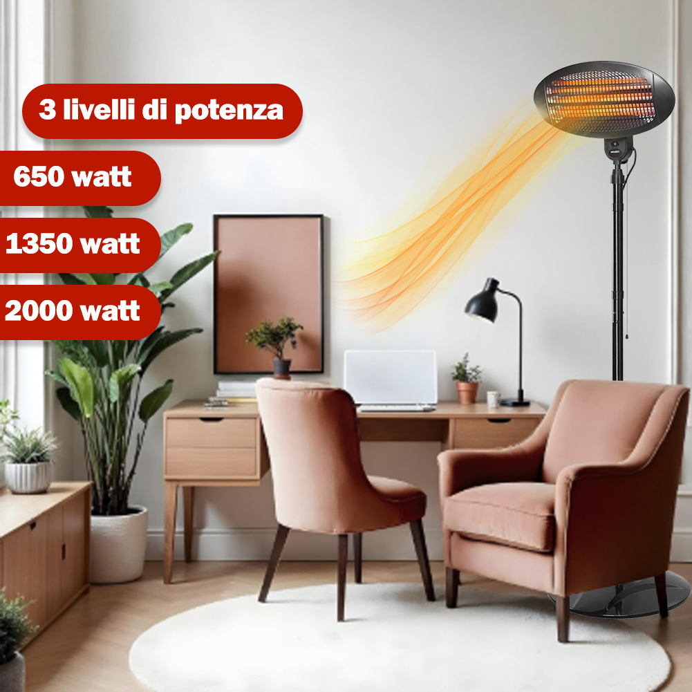 Bakaji Stufa Elettrica A Piantana Da Esterno E Interno A Infrarossi 2000W A Basso Consumo, Riscaldatore Alogeno Al Quarzo 2In1 Da Terra E Parete Con Cavo, 3 Livelli Potenza, Risparmio Energetico