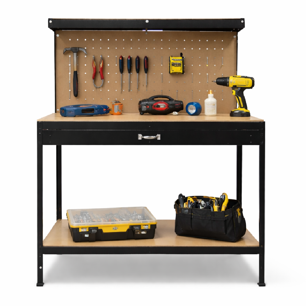 Banco Lavoro Officina Porta Utensili 120x60 H150 cm Cassetto 20 Ganci 3 Ripiani