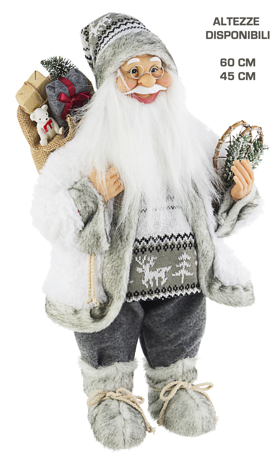 Image of Pupazzo Babbo Natale Holly Argento in Piedi Statuetta Decorazione Natalizia Dimensioni: H 60 cm