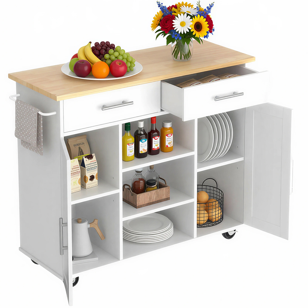 Isola da Cucina con Ruote e Top Quercia Mobile con Cassetti Bianco 90x46x100cm