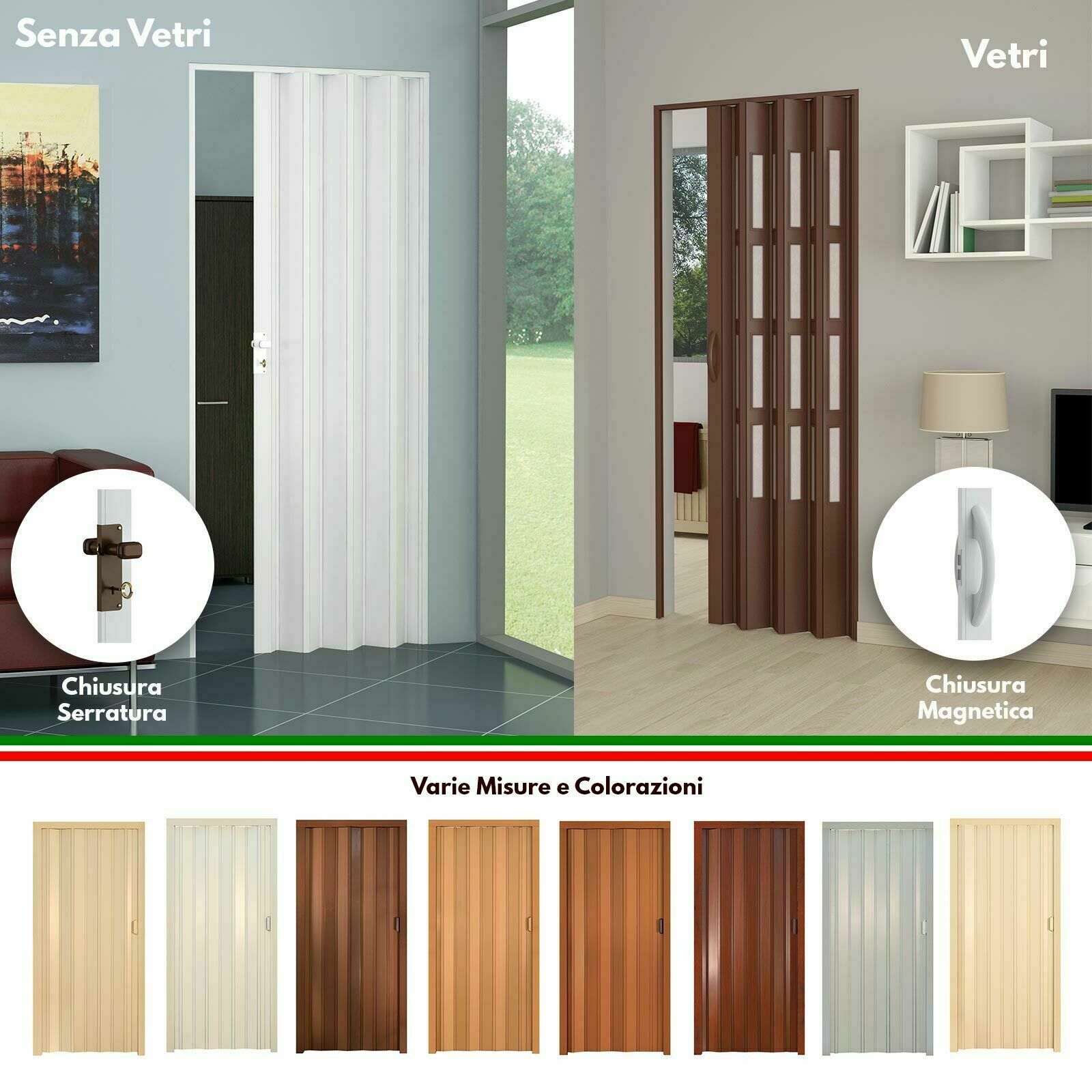 Porta a Soffietto in PVC Vari Colori con Vetri Maniglia Magnetica o Serratura Tonalità: Rovere sbiancato finto Legno + Vetri, Sistema di chiusura: Serratura