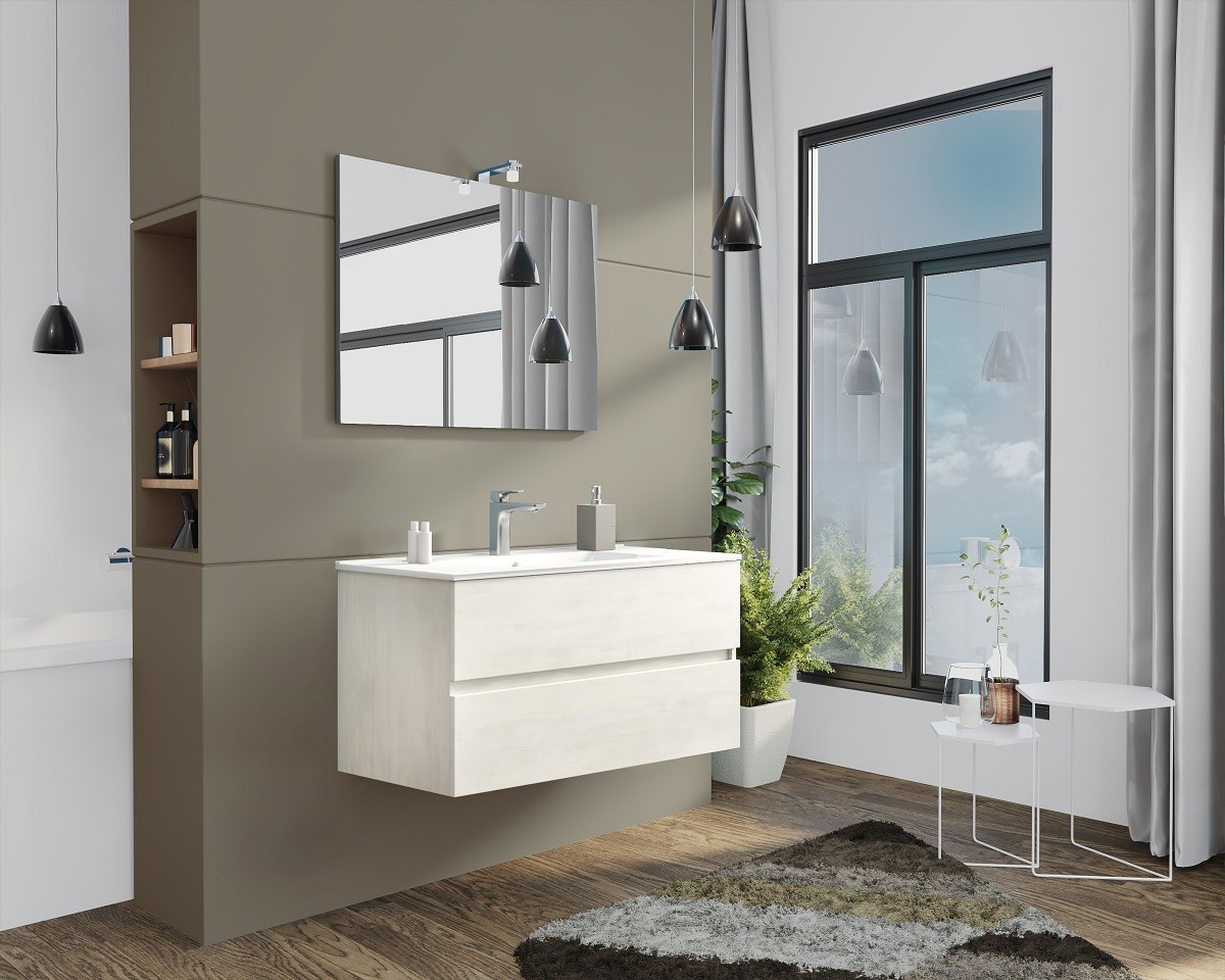 MOBILE BAGNO CON LAVABO E SPECCHIO INCLUSI FINITURA ROVERE BIANCO 105X47X53H Cm