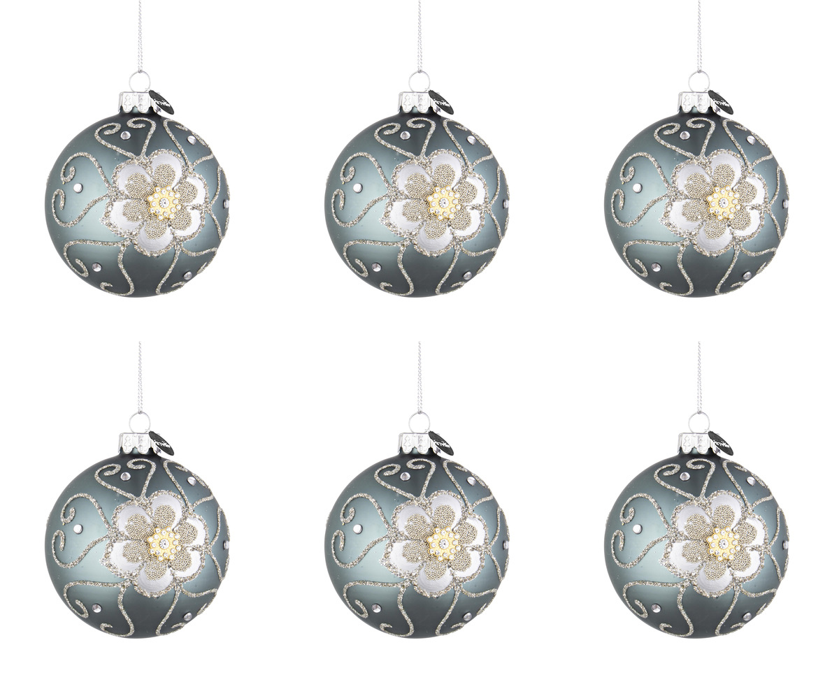 Image of Palline di Natale in Vetro Blu Argento Fiore Eleganti Addobbi Albero Decorazioni Diametro: 80 mm