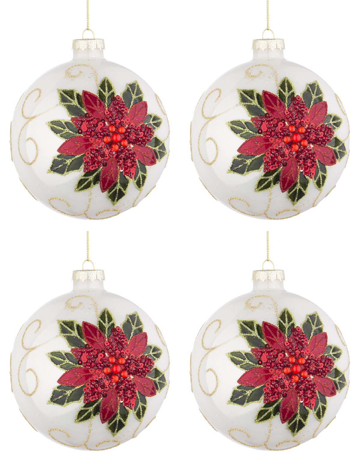 Image of Palline di Natale in Vetro Bianche Fiore Rosso Addobbi Albero Decorazioni Diametro: 100 mm