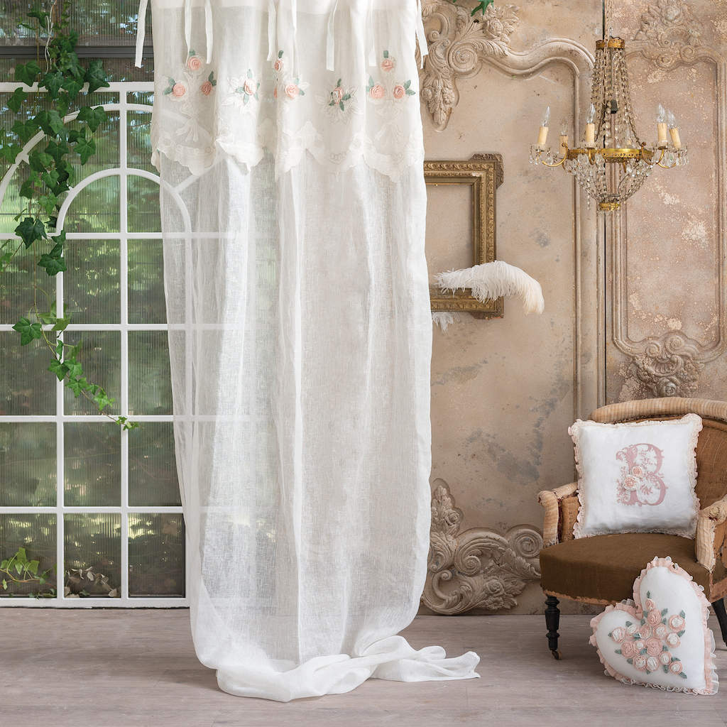 Tenda di Lino Ricamata con Mantovana a Roselline Stile Shabby Chic Blanc Maricl&ograve;