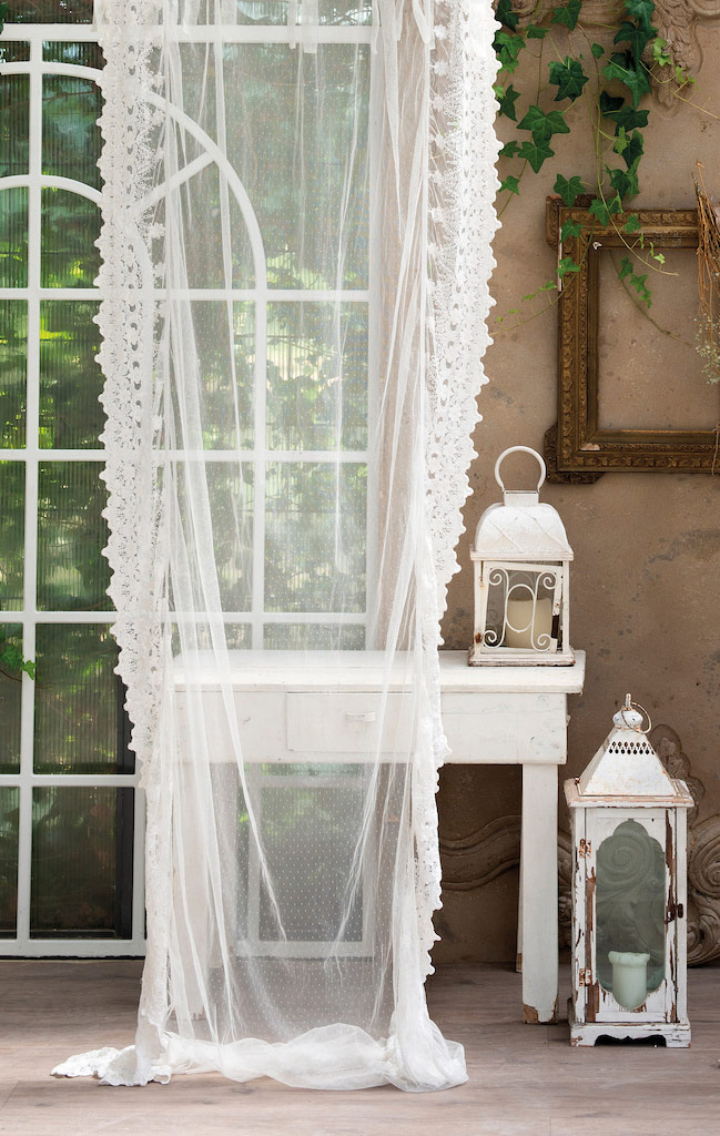 Image of Tenda Ricamata Voile Doppio Pizzo Stile Shabby Chic Provenzale Blanc Mariclò