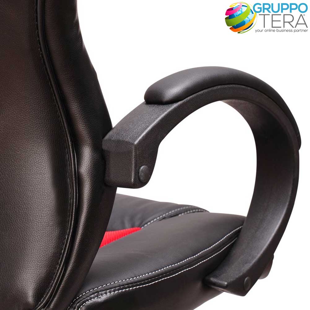 Bakaji Sedia Sportiva Poltrona Direzionale Da Ufficio 4 Ruote Girevole 360° Modello Racer Gaming Design Extra Lusso In Ecopelle Nero E Tessuto (Rosso)