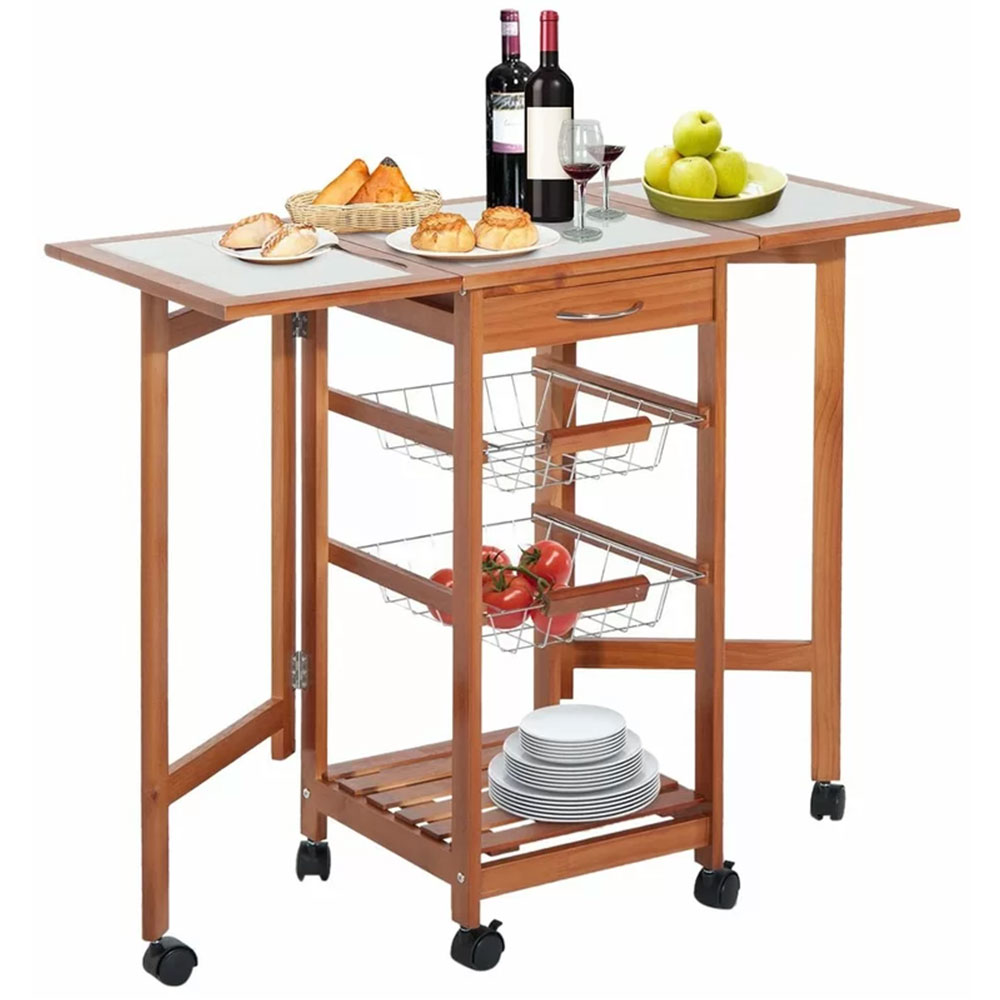Image of Carrello Cucina Legno Estensibile con Ripiani Pieghevoli 3 Cestelli e Cassetto