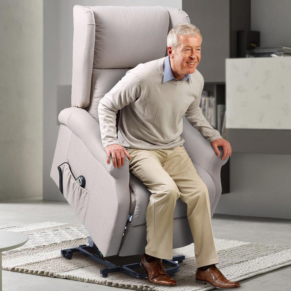 BAKAJI Poltrona Alzapersona Elettrica Motorizzata Reclinabile in Tessuto con Tasca Porta Telecomando per Anziani e Persone Disabili Colore Beige