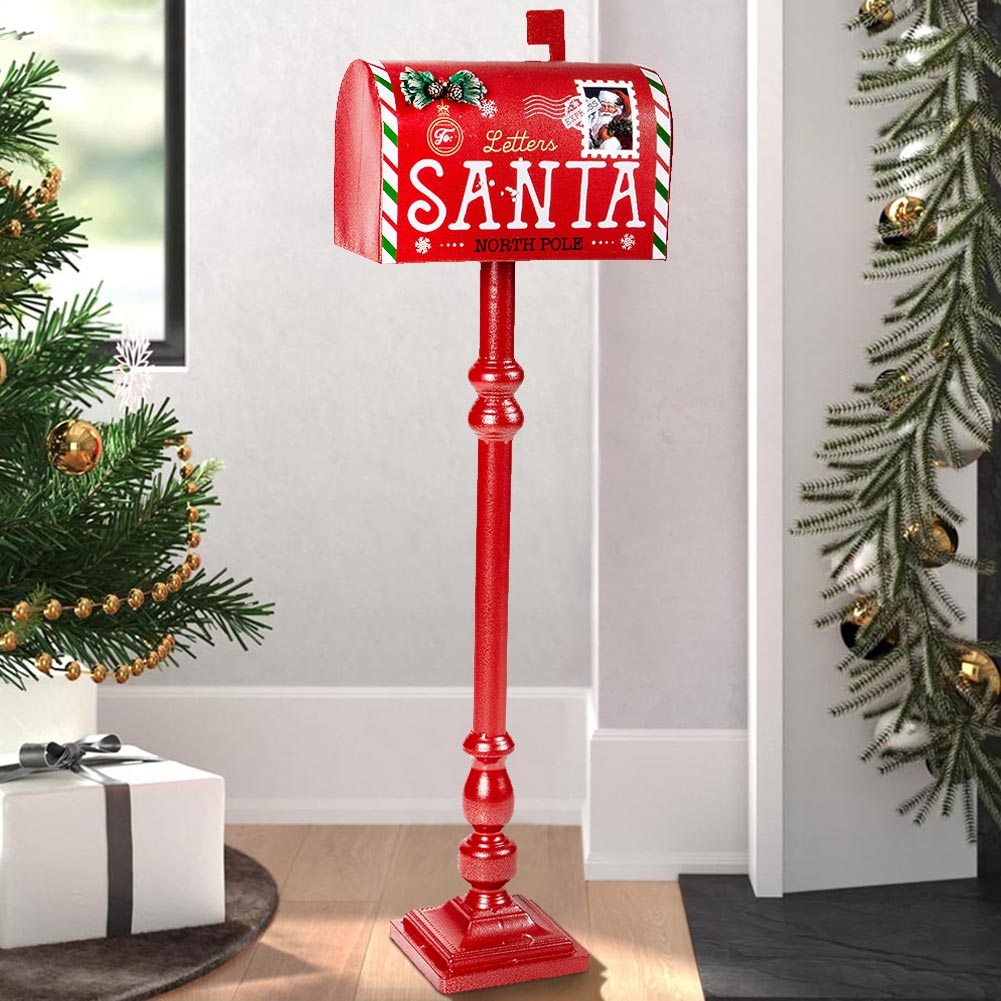 Cassetta Postale Natalizia Cilindrica Per Lettere A Babbo Natale - 55 Cm, In Metallo Rosso, Decorazioni A Rilievo