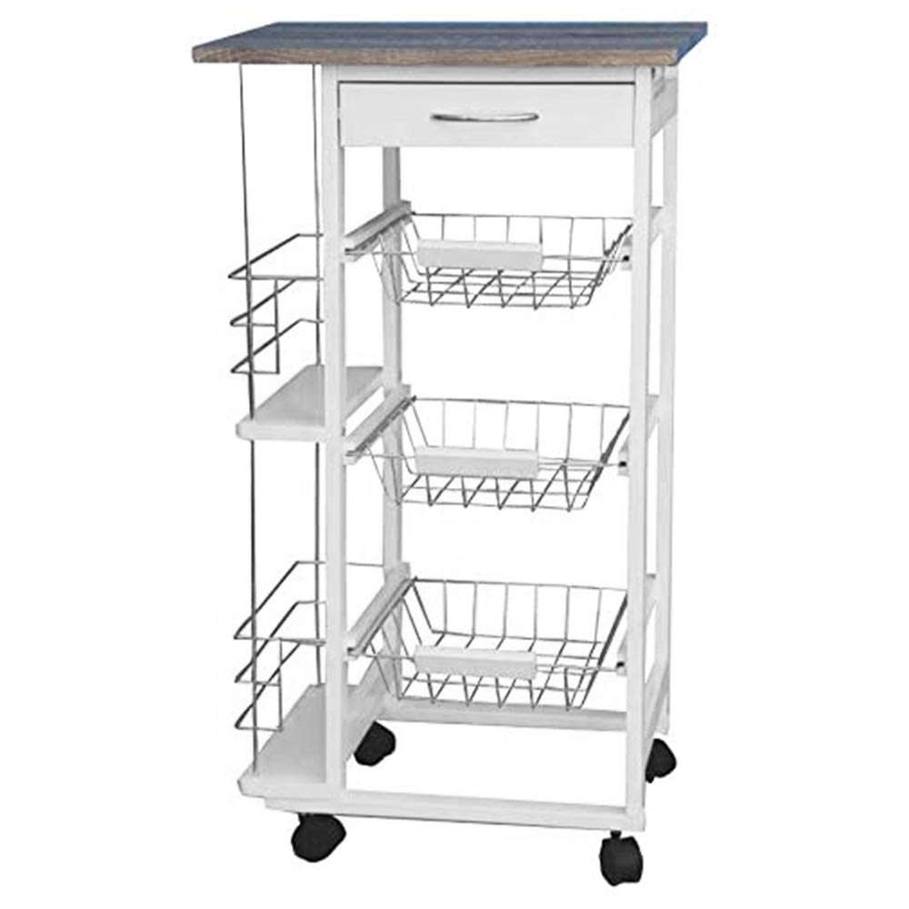 Image of Carrello Cucina in legno 3 Cestelli Acciaio Cassetto e 2 Ripiani Porta Bibite