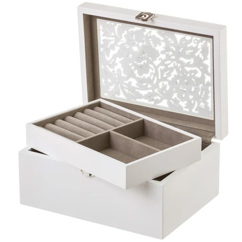 Image of Portagioie in Legno Bianco Design Floreale Scatola Organizer Porta Gioielli
