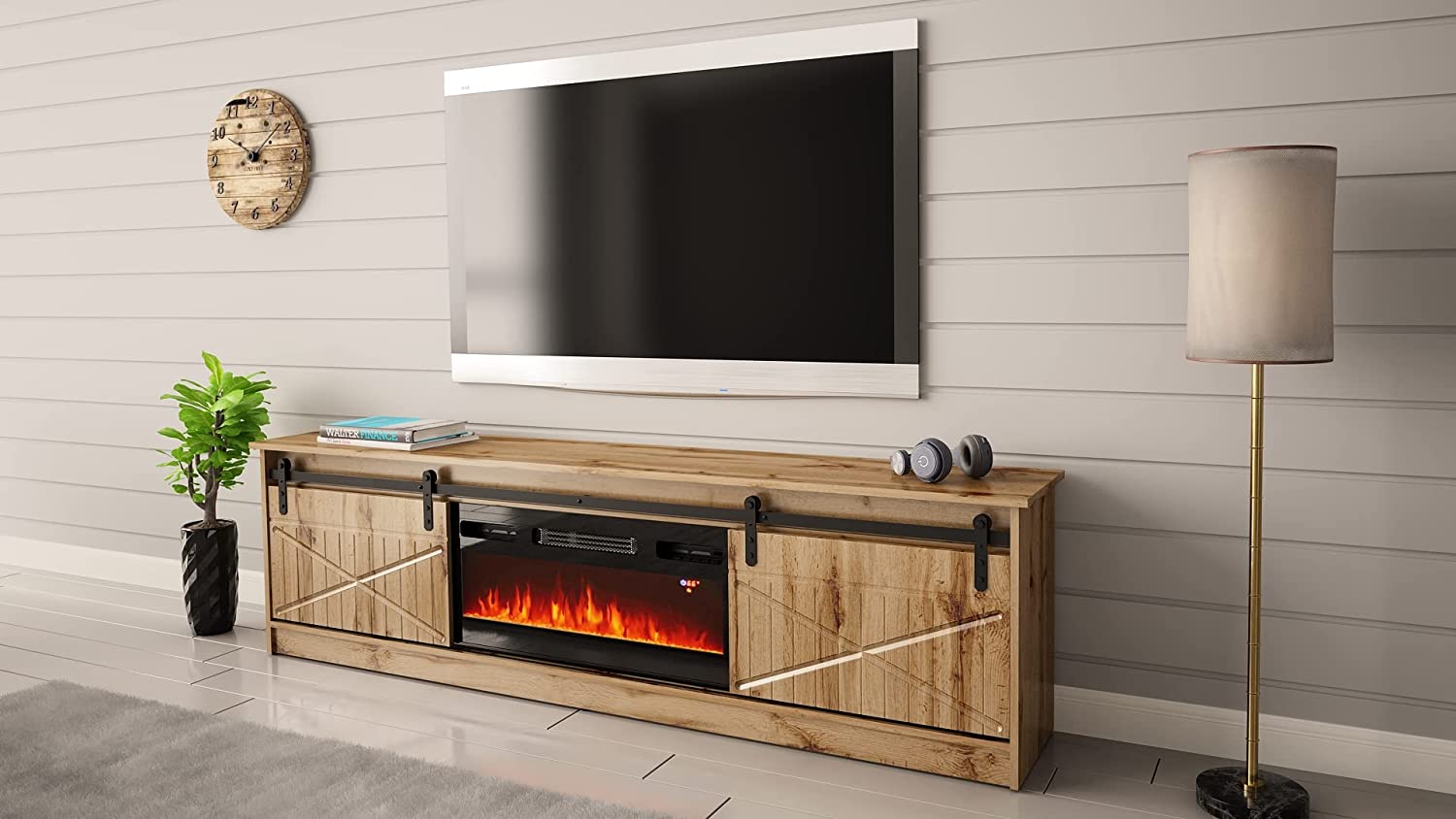 Image of MOBILE TV CON CAMINETTO ELETTRICO GRANERO INCORPORATO cm200x35x57 QUERCIA