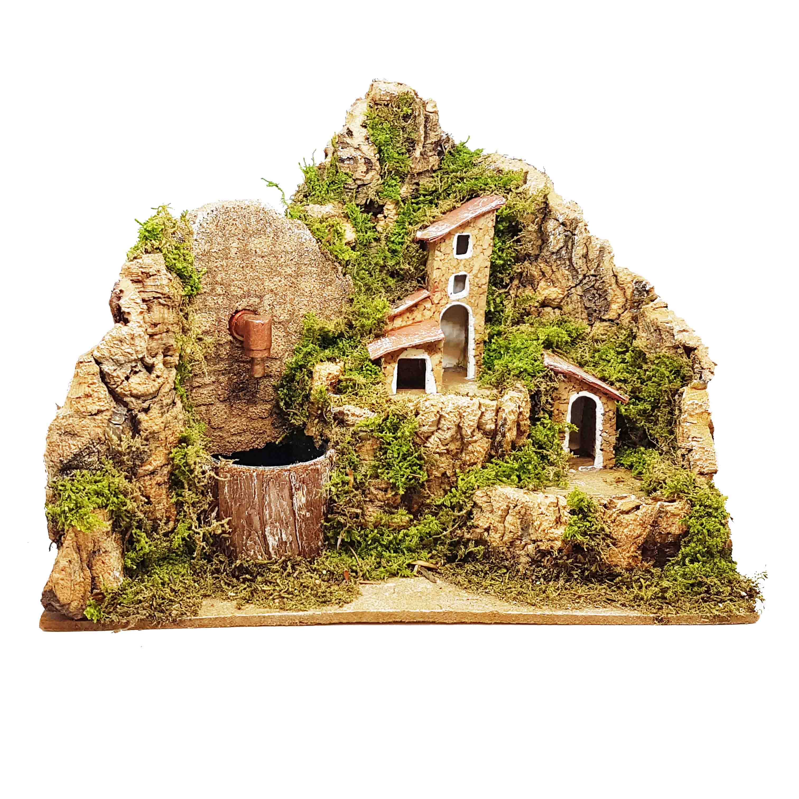 Fontana con due case sulla sinistara 20x12x14 cm per presepe