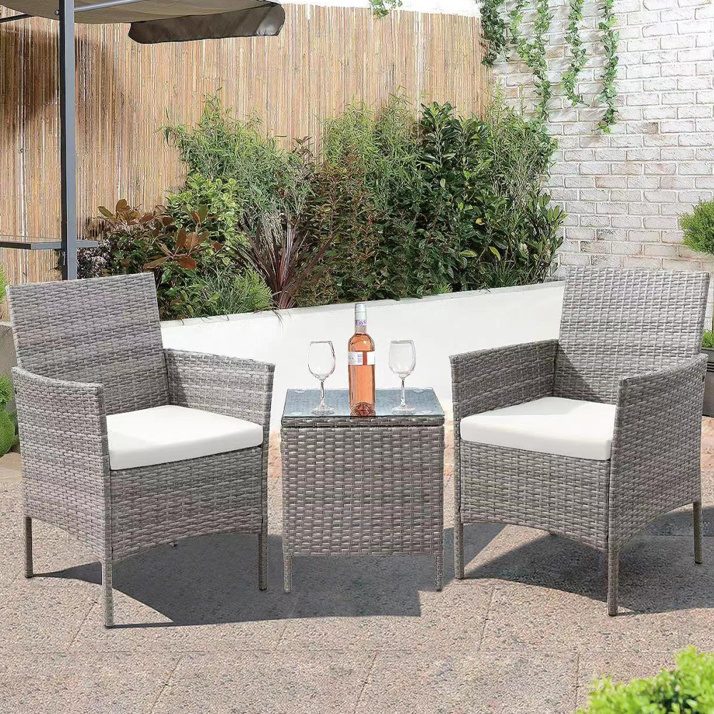 Set da Giardino Grigio 2 Poltrone + Tavolino Rattan x Esterno con Cuscini Beige