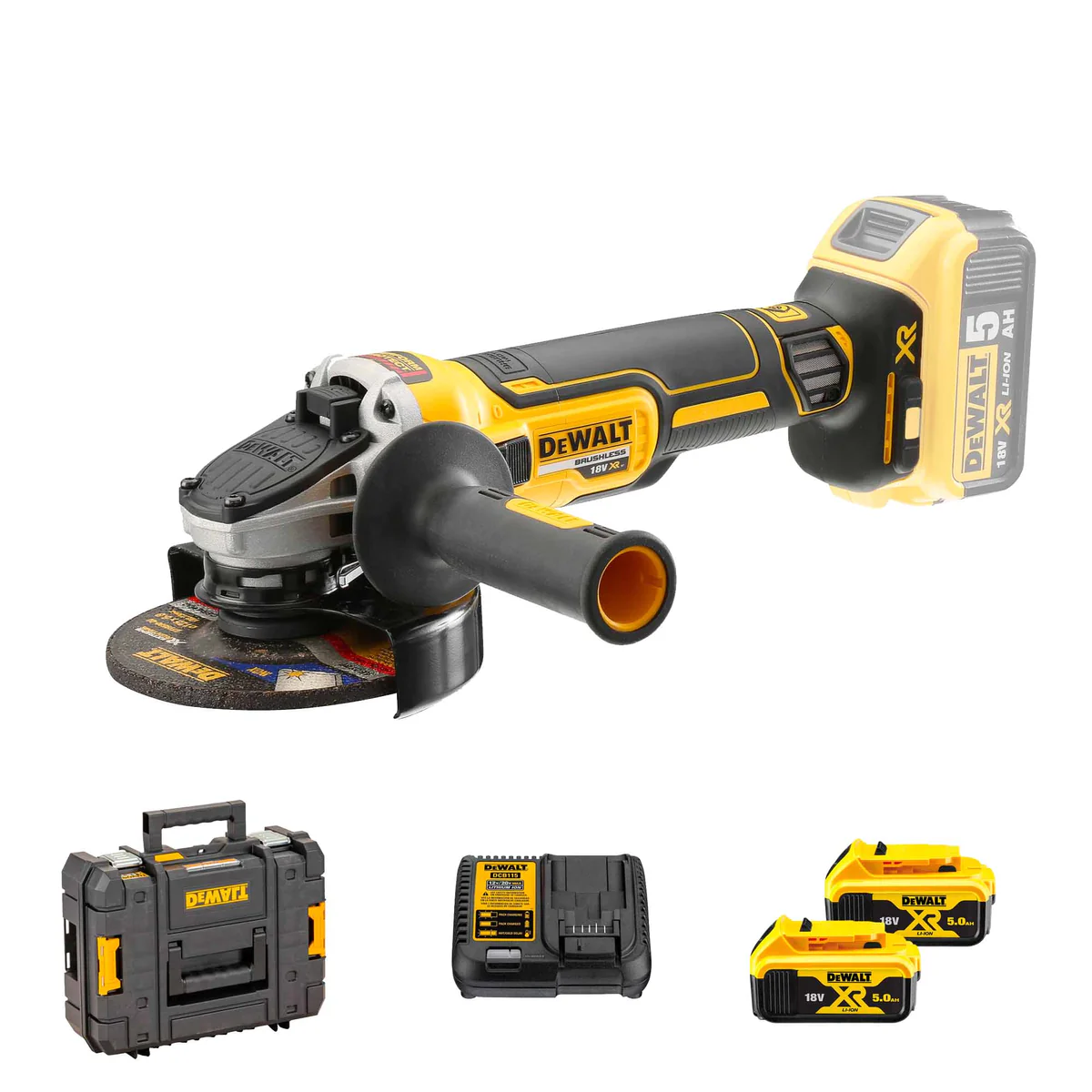Image of DeWalt Smerigliatrice frullino Brushless XR Ø125 mm con 2 batteria 18V 5Ah, caricabatterie e valigetta TSTAK DCG405P2