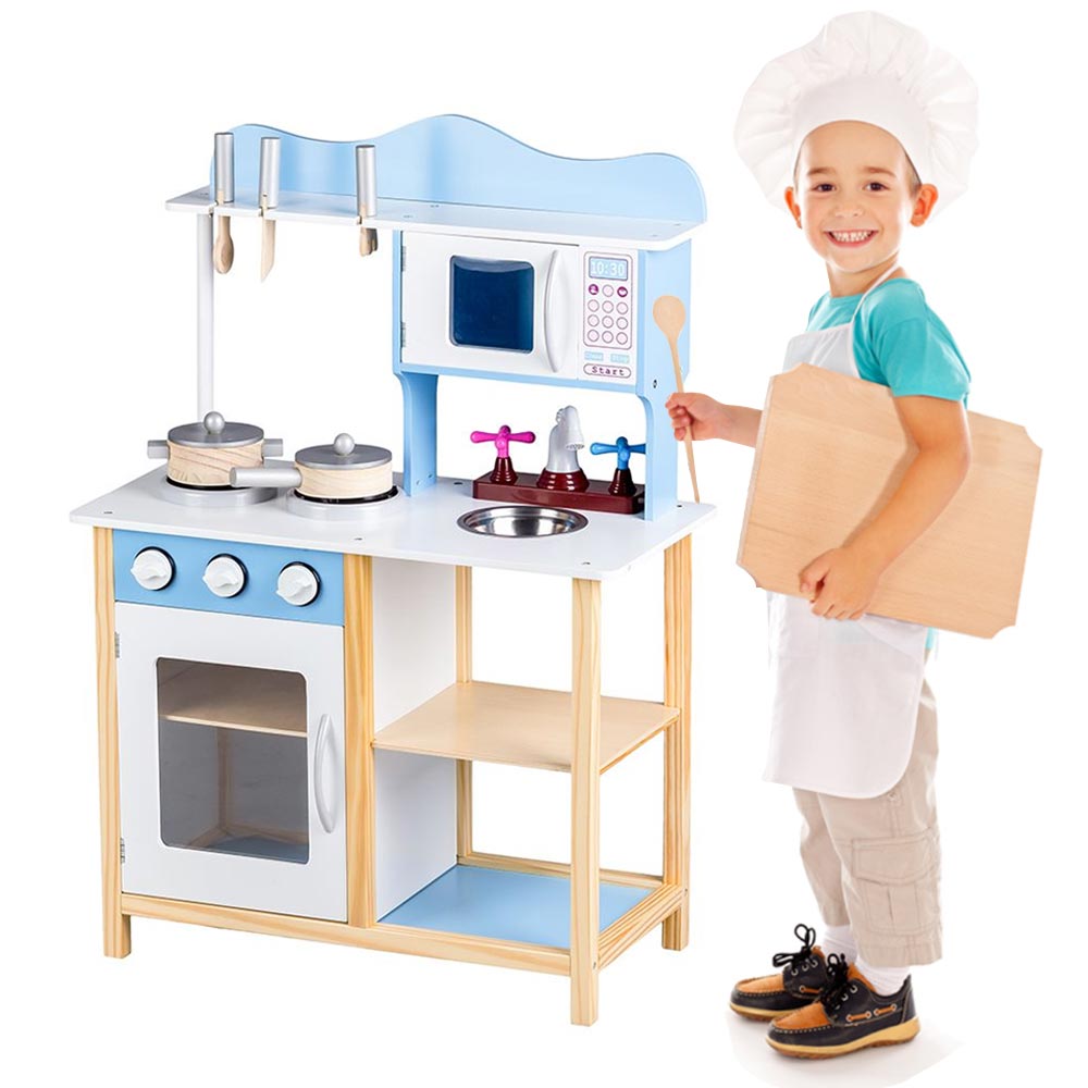 Image of Cucina in legno Giocattolo Bambini con Pentole e Accessori Gioco Blu 60x30x85cm