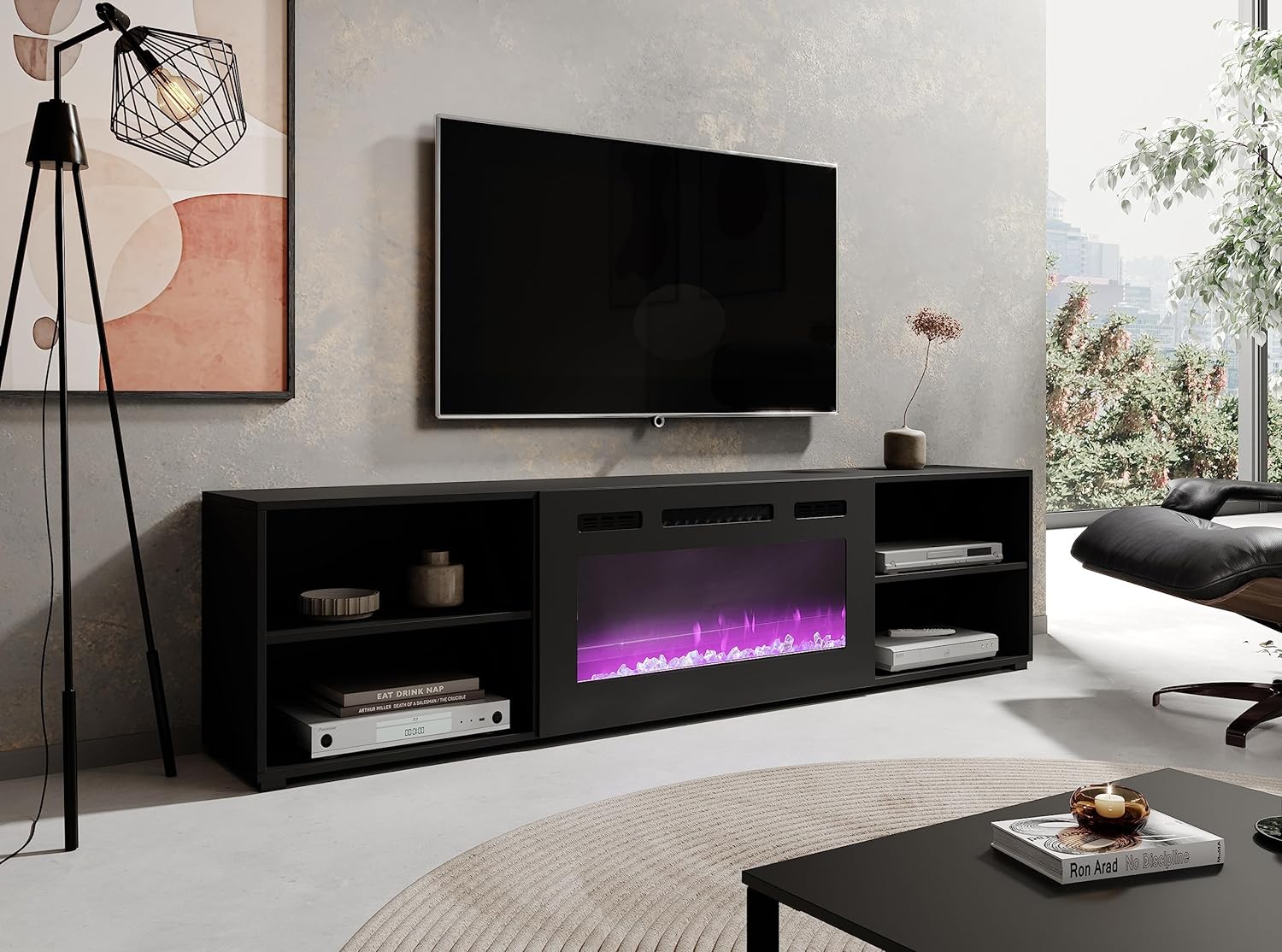 Mobile porta TV soggiorno con caminetto nero ROLLO cm 200x33x48.5h Nero Opaco