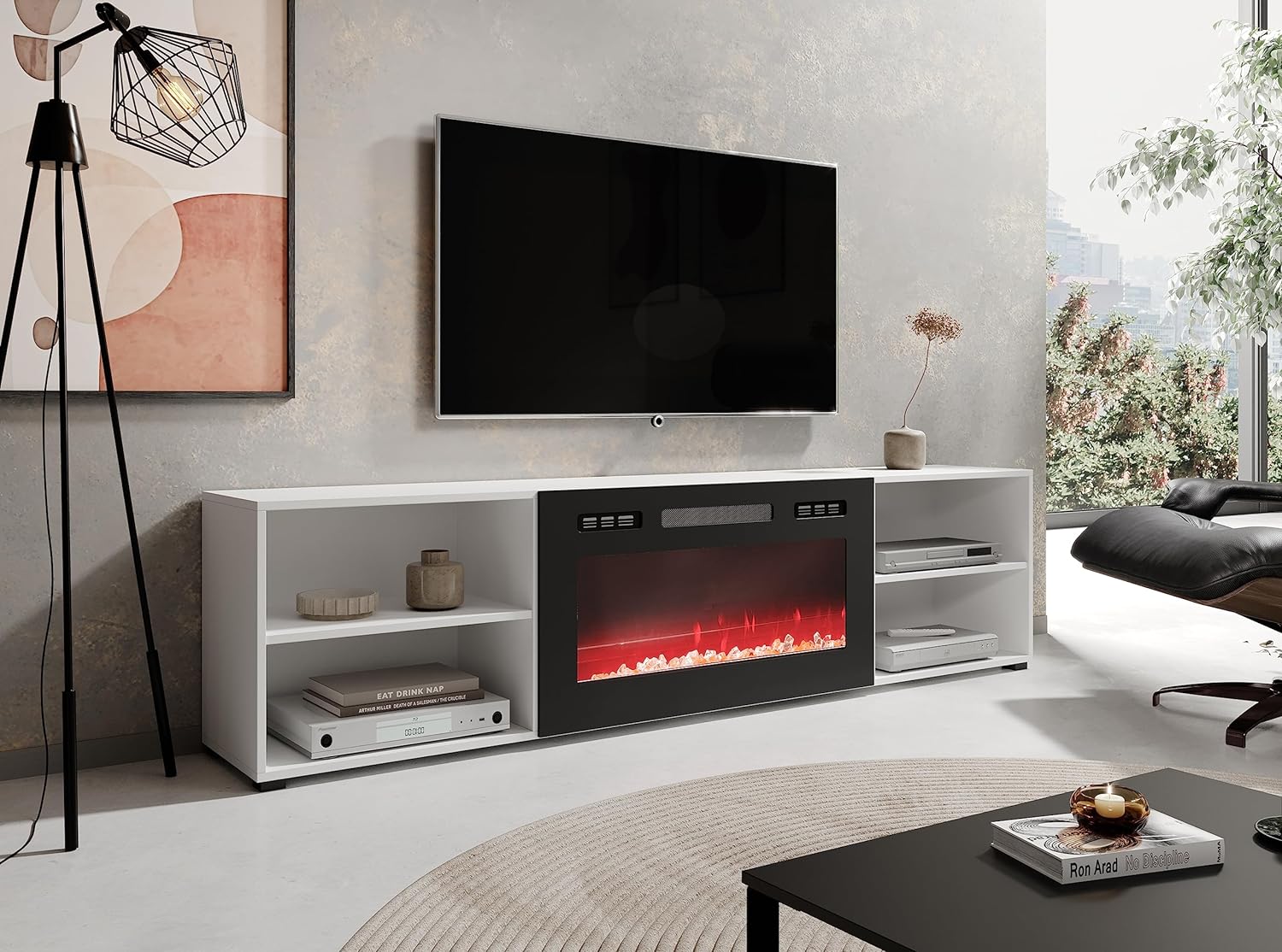 Mobile porta TV soggiorno con caminetto nero ROLLO cm 200x33x48.5h bianco opaco