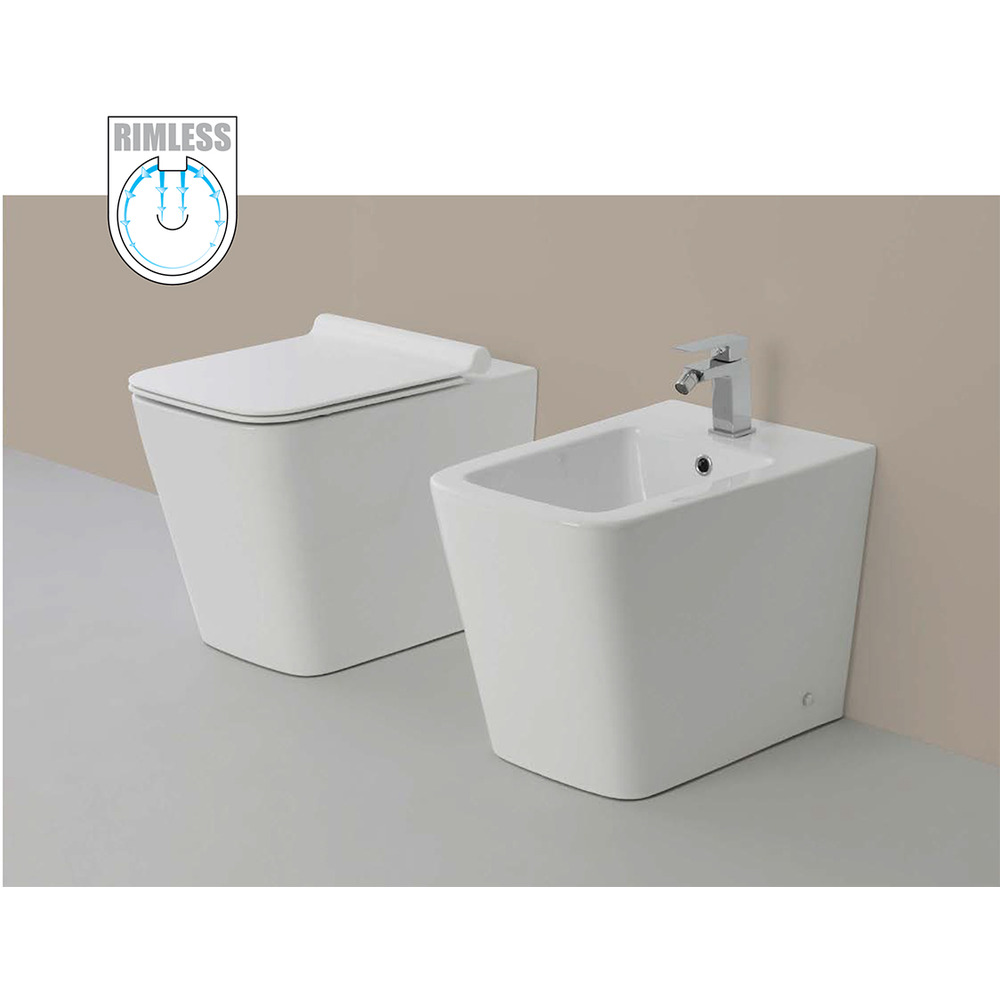 Vaso WC Rimless e Bidet a Terra Filo Muro Linea Q Squadrato senza Brida Formato: Bidet