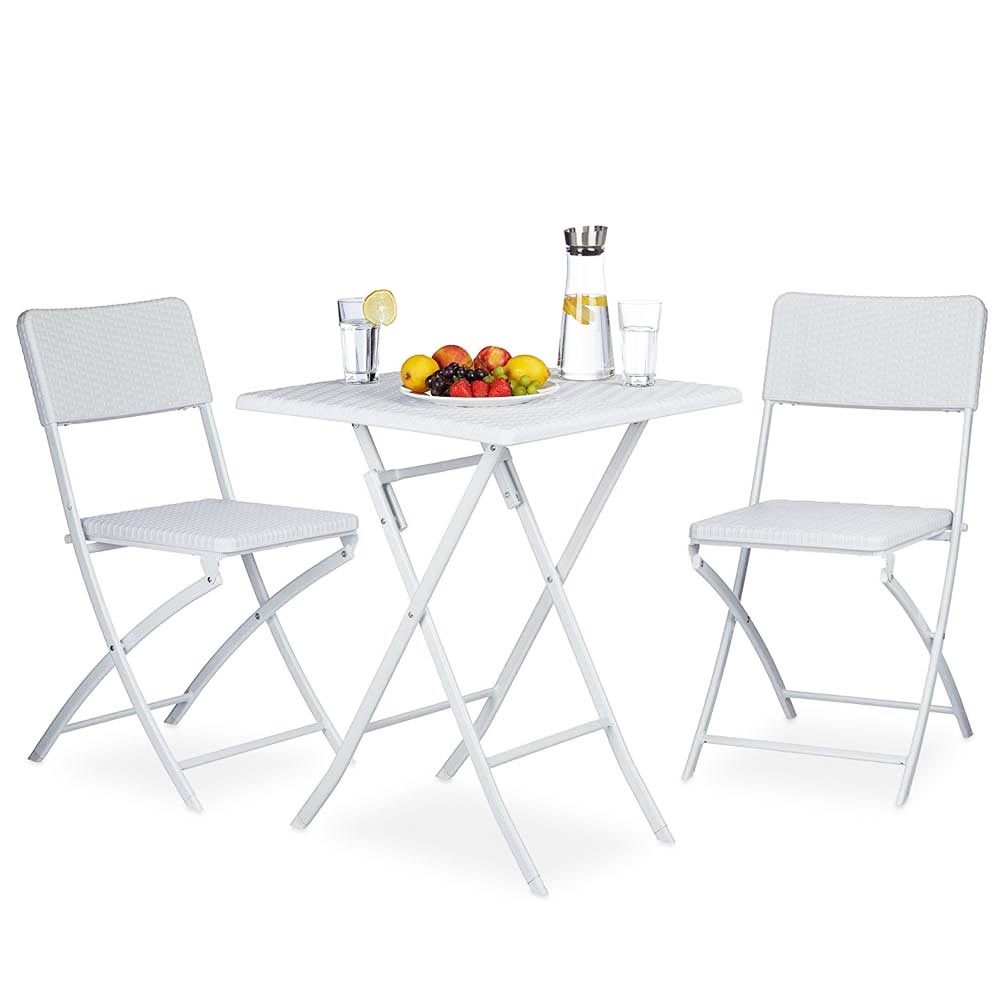 Ensemble table + 2 chaises pliantes salon de jardin extérieur en polyrotin blanc