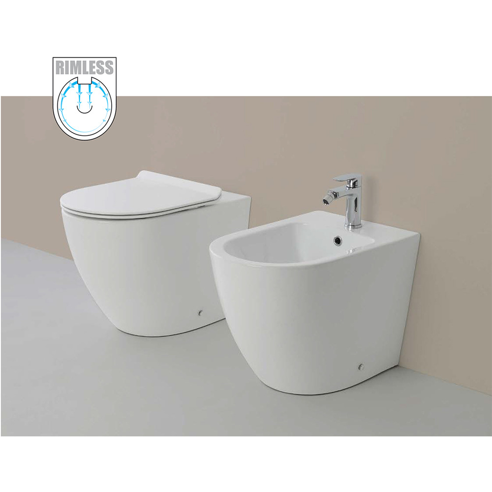 Vaso WC Rimless e Bidet a Terra Filo Muro Linea Q Tondo senza Brida Formato: Bidet