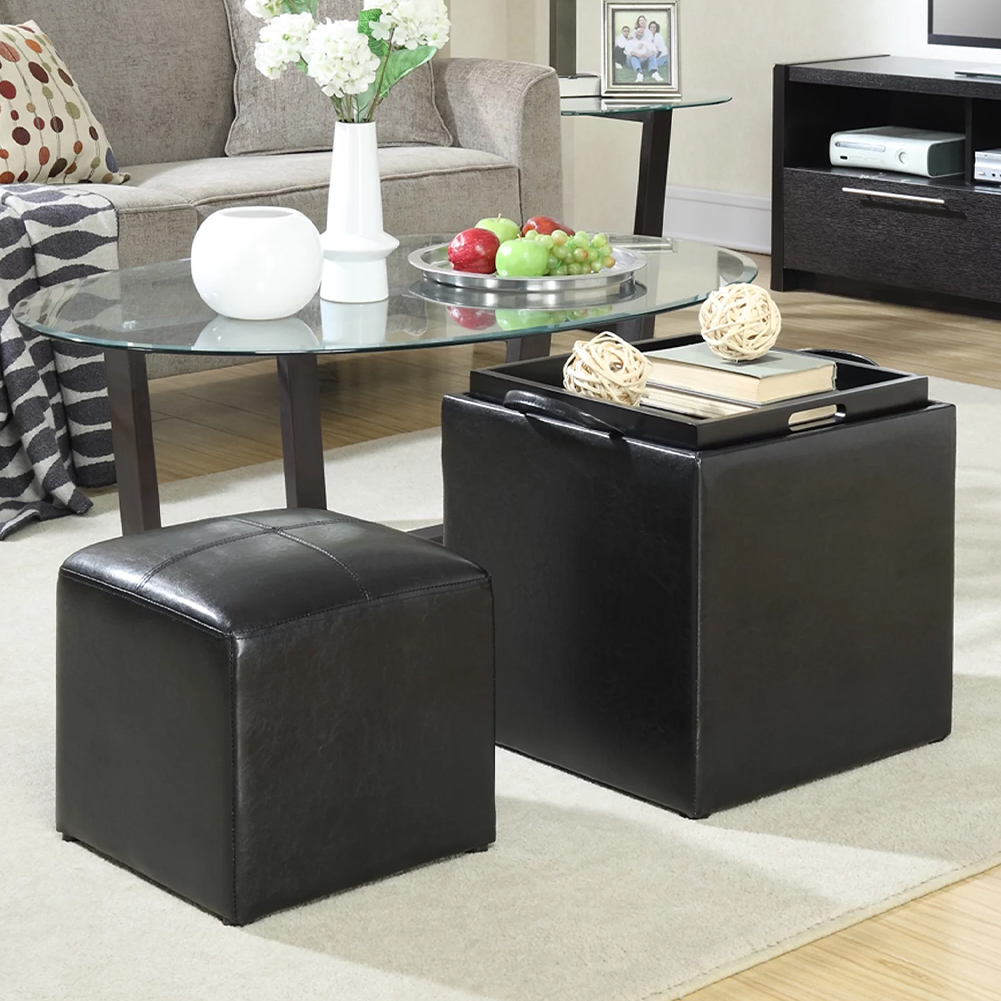 Set Pouf Poggiapiedi in Ecopelle Nero Coperchio in Sgabello