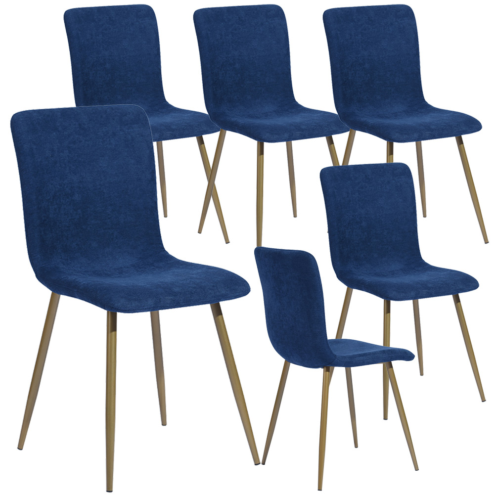 Set 6 Sedie per Sala da Pranzo Blu con Gambe in Acciaio Dorato Seduta Ergonomica